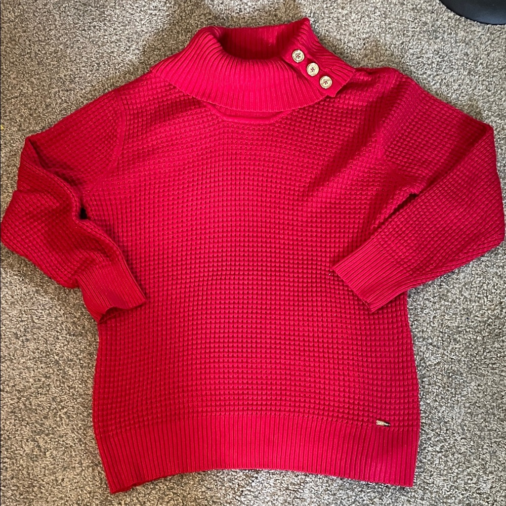 Calvin Klein Red Waffle Knit Cowl Neck Sweater with Button Accents